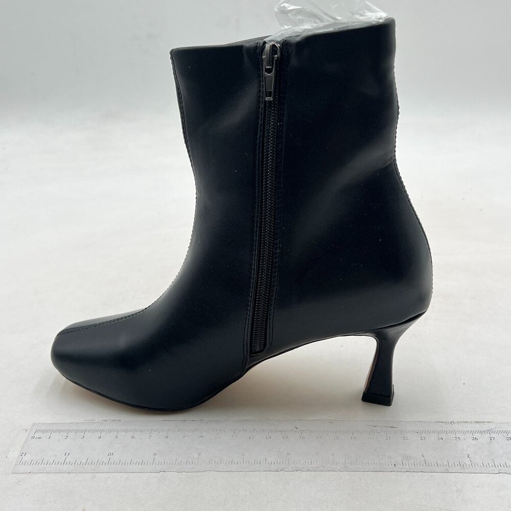 Black Women Square Toe Ankle Boot Mid Heel Slip On Western Chelsea Bootie Vegan